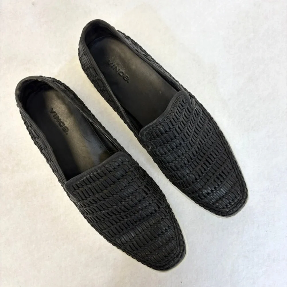 VINCE Stafford Platform Black Woven Leather Slip On Sneakers Womens Size 10 / 40